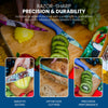 The Wildlife Series Six-Piece Knife Set by Chef's Vision is featured in three images, showcasing vibrant wildlife artwork while knives effortlessly cut through different foods: a yellow fruit, bread, and kiwi slices. The text emphasizes "razor-sharp precision & durability" along with a satisfaction guarantee and return options.