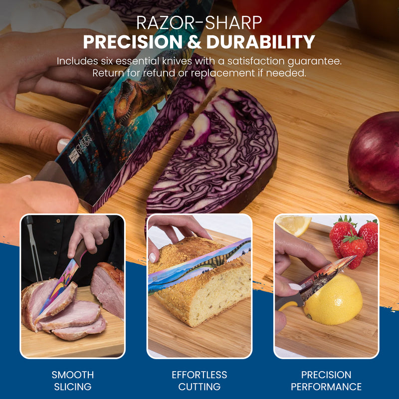 A Chef's Vision Jurassic Six-Piece Knife slices a purple cabbage on a cutting board; inset images show it slicing meat, bread, and lemon. Text highlights the set’s razor-sharp precision and lasting durability.