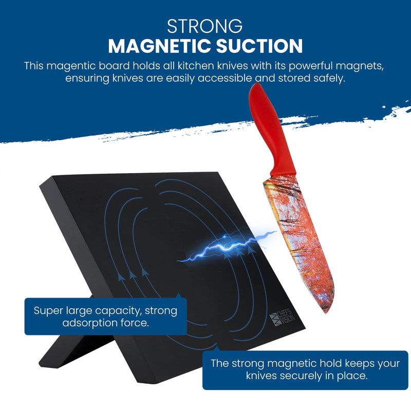 The BEHOLD Magnetic Kitchen Knife Block by Chef's Vision offers strong suction for secure storage and includes a chef knife with a striking red handle, enhancing the elegance of your kitchen decor.