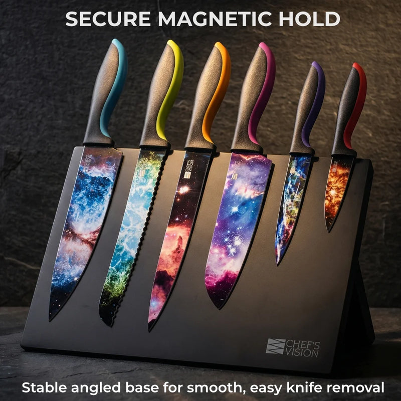 The Chef's Vision BEHOLD Magnetic Kitchen Knife Block displays six vibrant, galaxy-themed knives, combining eye-catching style with practical storage to enhance your countertop.