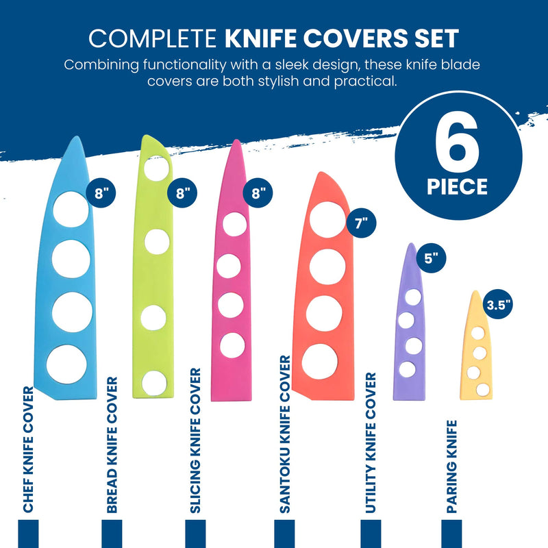 Introducing the BladeKeepers Blade Covers for the Jurassic Series Knife Set by Chef's Vision, featuring six vibrant, color-coded covers specifically designed for chefs, bread, slicing, santoku, utility, and paring knives. These covers offer essential blade protection and accommodate sizes ranging from 3.5 to 8 inches with a stylish and functional design.