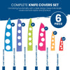 Upgrade your Chef's Vision Masterpiece Series Knife Set with the vibrant six-piece BladeKeepers Blade Covers. This set includes covers for chef, bread, slicing, santoku, utility, and paring knives, each featuring bold colors and sizes ranging from 3.5" to 8". Ideal for keeping your kitchen tools secure with style.