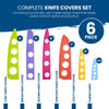 The BladeKeepers Blade Covers for the Landscape Series Knife Set by Chef's Vision offer vibrant color-coded covers in green, purple, pink, red, orange, and yellow for chef, bread, slicing, Santoku, utility, and paring knives. Each cover is labeled with sizes and features circular cutouts to protect the blades.