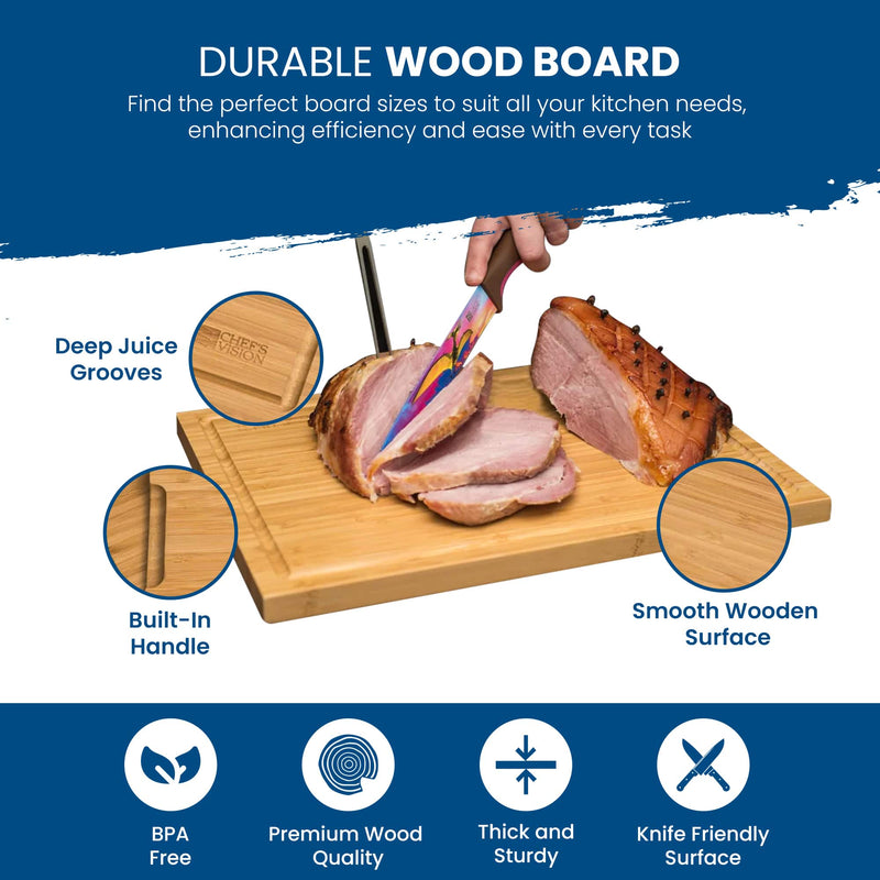 The Chef's Vision Slice Bright Bamboo Cutting Boards - Set of 3 offer smooth surfaces ideal for your culinary tasks, featuring deep juice grooves and built-in handles. These eco-friendly, anti-microbial boards are BPA-free, premium quality, thick and sturdy, and knife-friendly.