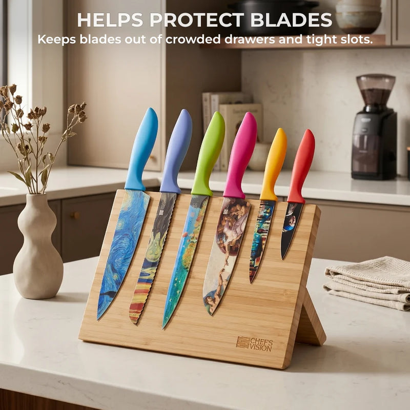 Six Chef’s Vision kitchen knives with colorful handles and printed blades are displayed on the BEHOLD Magnetic Kitchen Knife Block, a stylish and practical organizer. Text above highlights blade protection benefits.