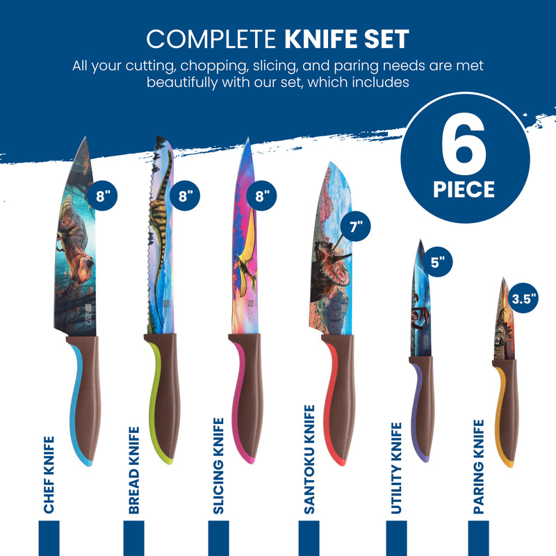 Chef's Vision Jurassic Six-Piece Knife Set displayed upright, featuring labeled chef, bread, slicing, santoku, utility, and paring knives on a blue and white background.