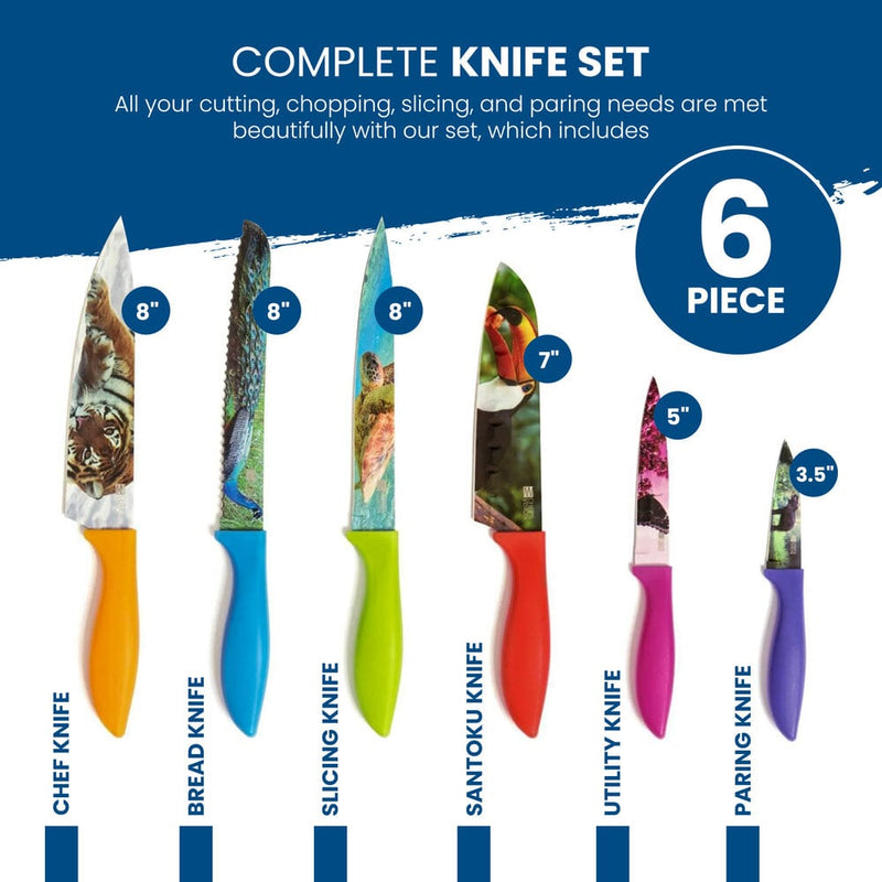 Chef's Vision Wildlife Six-Piece Knife Set features chef, bread, slicing, santoku, utility, and paring knives with colorful ergonomic handles and stainless steel blades from 8 to 3.5 inches.