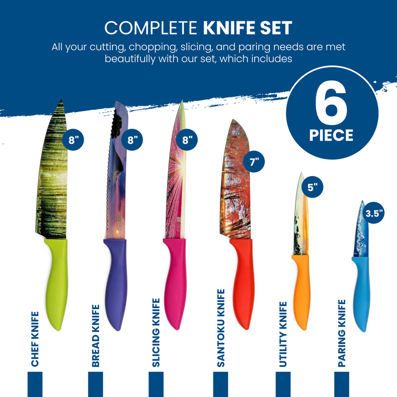 The Chef's Vision Landscape Six-Piece Knife Set features colorful, ergonomic handles and patterned stainless steel blades (3.5–8 in); includes chef, bread, slicing, santoku, utility, and paring knives—all dishwasher safe.
