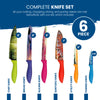 The Chef's Vision Landscape Series Six-Piece Knife Set includes an 8" chef knife, 8" bread knife, 8" slicing knife, 7" Santoku knife, 5" utility knife, and a 3.5" paring knife. Each blade is crafted from high-quality stainless steel and features stunning landscape artwork with colorful handles.