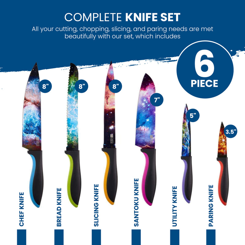The Chef's Vision Cosmos Six-Piece Knife Set features stainless steel, galaxy-patterned, non-stick knives—chef, bread, slicing, santoku, utility, and paring—all size-labeled and dishwasher safe for easy cleaning.