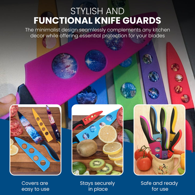 Discover the BladeKeepers Blade Covers for the Cosmos Series Knife Set, crafted by Chef's Vision, featuring vibrant designs that enhance both style and functionality while ensuring superior blade protection. Visuals depict these cosmic knives alongside freshly sliced fruits and vegetables.
