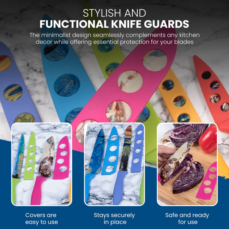 Displayed on a marble surface is the Chef's Vision Masterpiece Series Knife Set, complete with BladeKeepers Blade Covers. The three images highlight knives snugly fitted in the covers, emphasizing blade protection, secure placement, and ease of use to ensure safety for your blades.