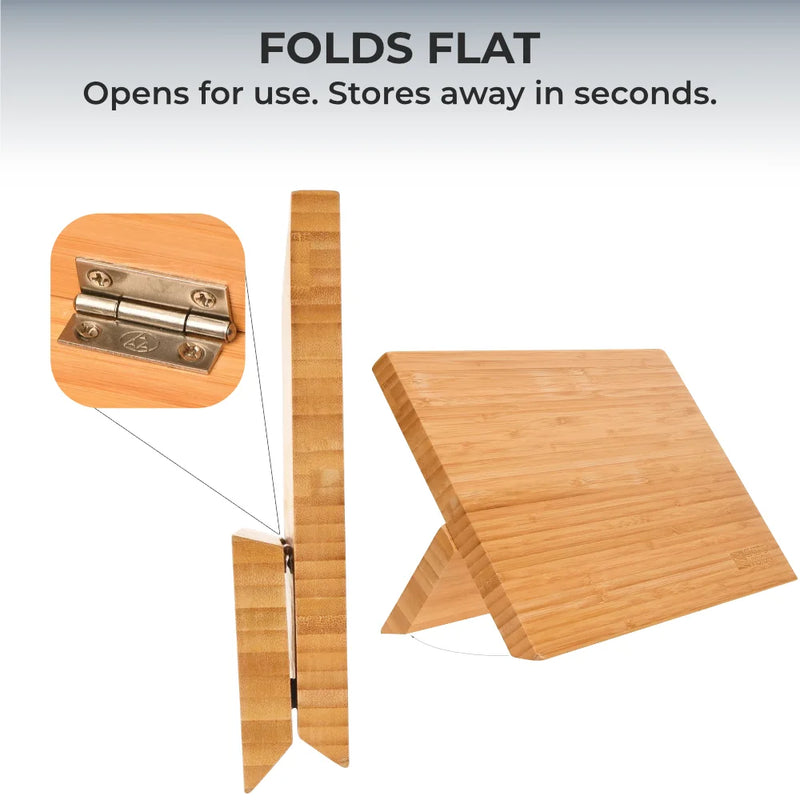 The Chef's Vision BEHOLD Magnetic Kitchen Knife Block folds flat for storage and props open for use, making it perfect for organizing knives and keeping your kitchen neat.
