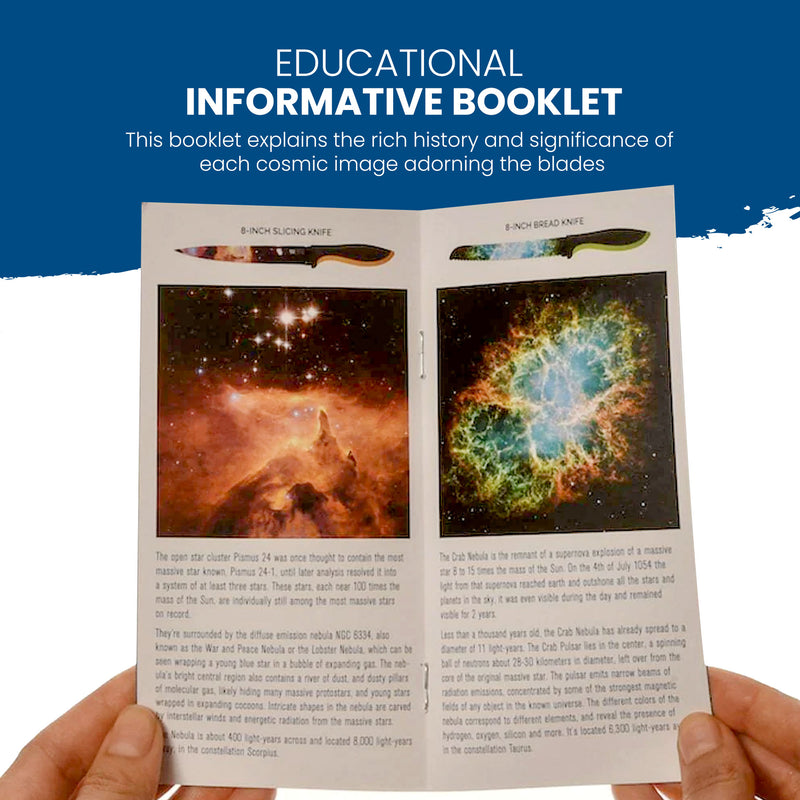 A person holds open a booklet with cosmic images and educational text about the history and significance of designs on two knives from Chef's Vision Cosmos Six-Piece Knife Set, which are shown at the top and are dishwasher safe.