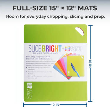 The SliceBright Flexible Cutting Mats by Chef's Vision include a green 15" x 12" dishwasher-safe mat that flexes for easy handling, and comes packaged with multiple color-coded mats and a knife displayed on the box.
