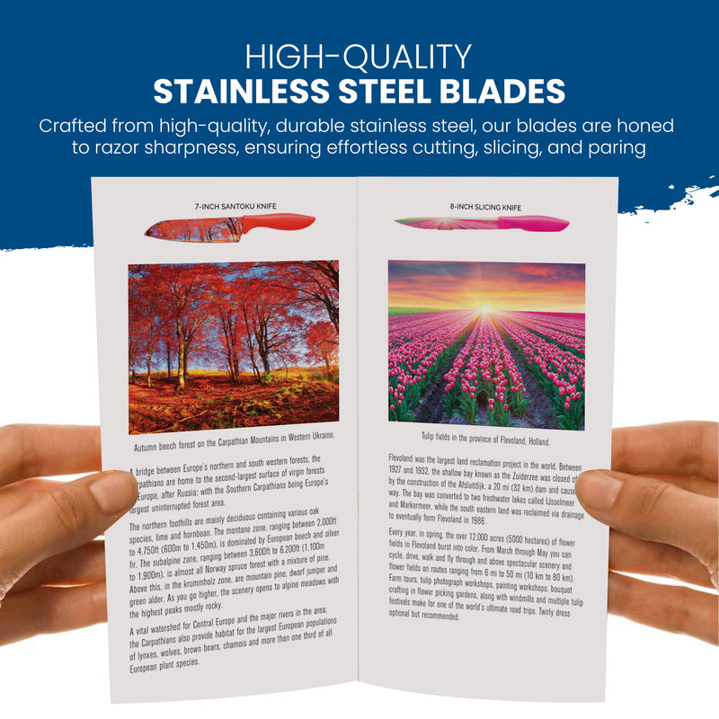 Two hands hold an open pamphlet showing Chef's Vision Landscape Six-Piece Knife Set above autumn trees and tulip fields, with notes on its dishwasher-safe blades and ergonomic handles for comfort.