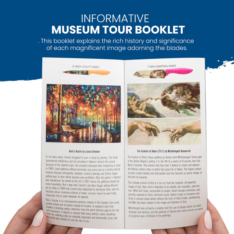 A person holding an informative museum tour booklet, opened to pages featuring a 5-inch utility knife and a 7-inch Santoku knife from Chef's Vision's Masterpiece Six-Piece Knife Set, each adorned with stunning artwork coatings and descriptions of the high-quality stainless steel blades' significance.