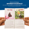 Hands holding an educational booklet open to pages featuring images and descriptive text about a butterfly and a toucan. The booklet provides insights into wildlife beauty and significance, much like the stunning wildlife artwork featured on Chef's Vision's Wildlife Series Six-Piece Knife Set.