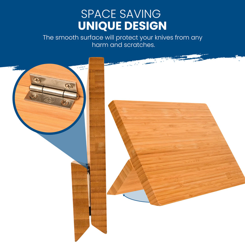 The BEHOLD Magnetic Kitchen Knife Block from Chef's Vision boasts a hinged foldable design that enhances its space-saving capability while providing a smooth surface to protect your chef knives. The inset emphasizes the hinge, and its magnetic feature improves both functionality and kitchen decor.