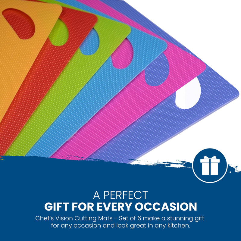 Six colorful, flexible cutting mats with textured surfaces are elegantly displayed. Text reads: "A perfect gift for every occasion. Slice Bright Flexible Cutting Mats - Set of 6 by Chef's Vision." These BPA-free, anti-bacterial mats ensure safety and style in your kitchen.