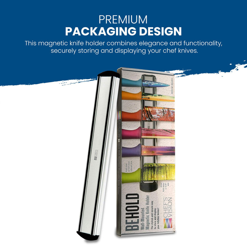 Introducing the BEHOLD Wall-Mounted Magnetic Knife Holder from Chef's Vision, featuring premium packaging that effortlessly complements your kitchen decor. It highlights knives of various colors for a touch of elegance and functionality.