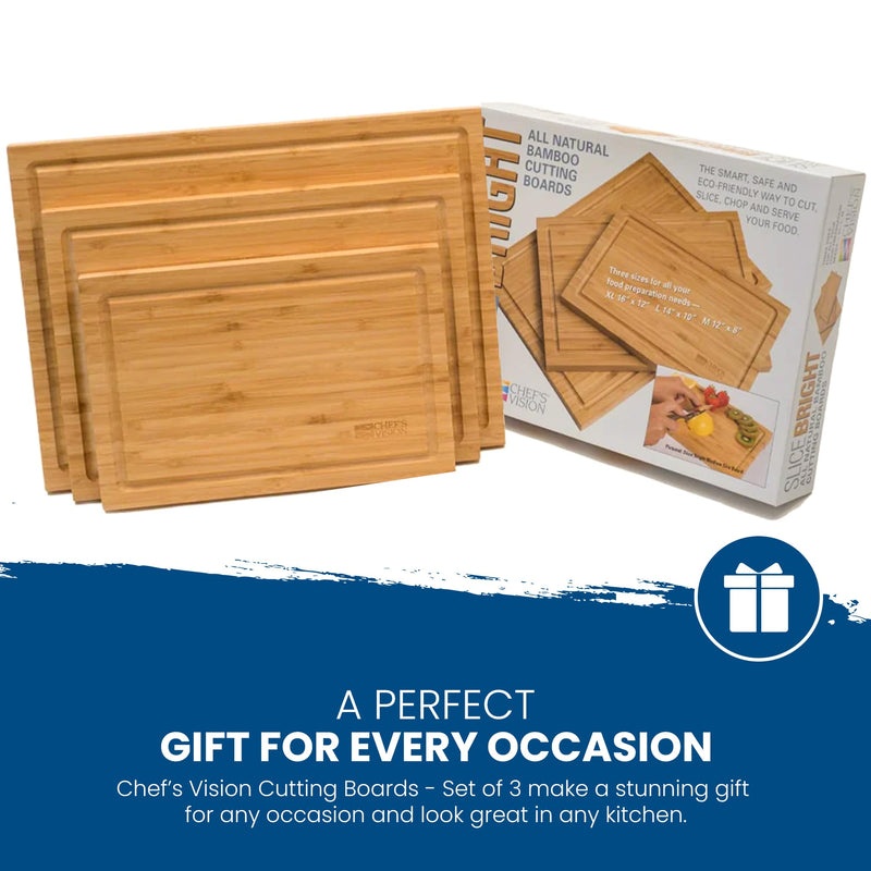 The Chef's Vision Slice Bright Bamboo Cutting Boards - Set of 3, naturally anti-microbial and eco-friendly, come beautifully packaged as a versatile gift.