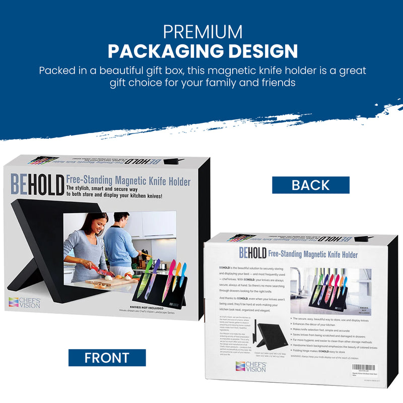 The packaging for the BEHOLD Magnetic Kitchen Knife Block by Chef's Vision features the product image on the front, with the back emphasizing its benefits as a sleek knife storage solution. This elegant magnetic kitchen knife holder also serves as stylish kitchen decor, enhancing both functionality and aesthetics.