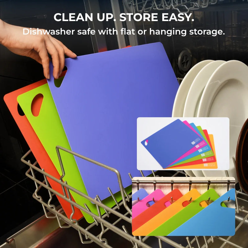 A person loads colorful, dishwasher safe SliceBright Flexible Cutting Mats by Chef’s Vision into a dishwasher, with plates nearby; inset shows a set of six color-coded mats in various colors.