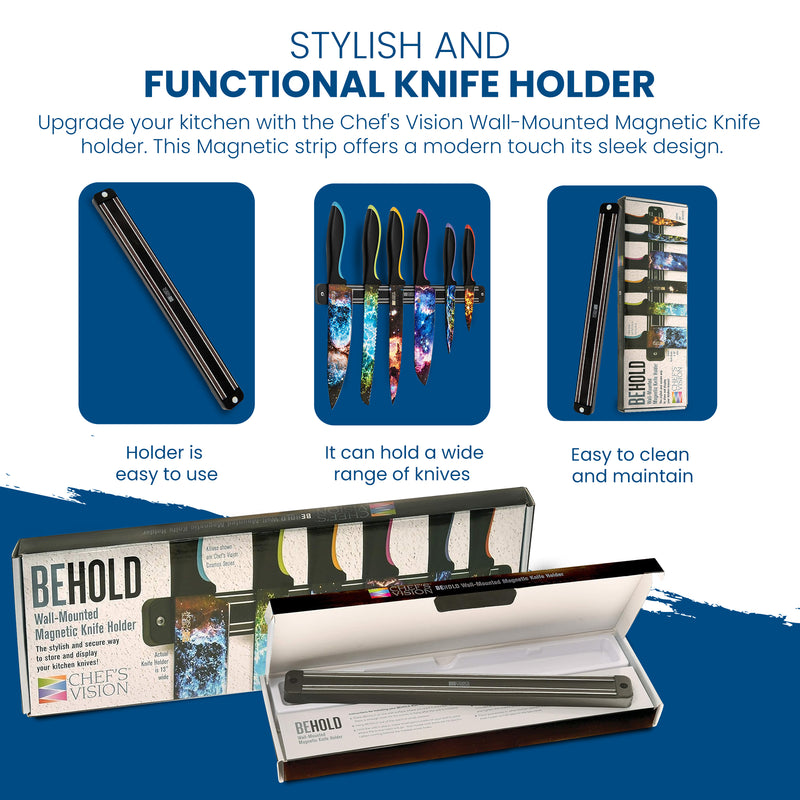 Promotional image for Chef's Vision BEHOLD Wall-Mounted Magnetic Knife Holder, showcasing its sleek design, effortless blend with kitchen decor, knife capacity, and easy cleaning. Features an open product box.