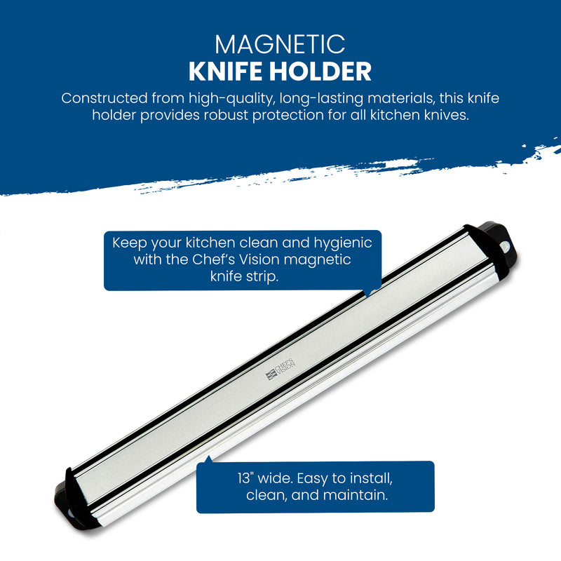 The BEHOLD Wall-Mounted Magnetic Knife Holder by Chef's Vision, with a silver finish, protects your knives and enhances kitchen decor. Measuring 13" wide, it boasts durability text and ensures easy installation, cleaning, and maintenance.