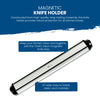The BEHOLD Wall-Mounted Magnetic Knife Holder by Chef's Vision, with a silver finish, protects your knives and enhances kitchen decor. Measuring 13" wide, it boasts durability text and ensures easy installation, cleaning, and maintenance.