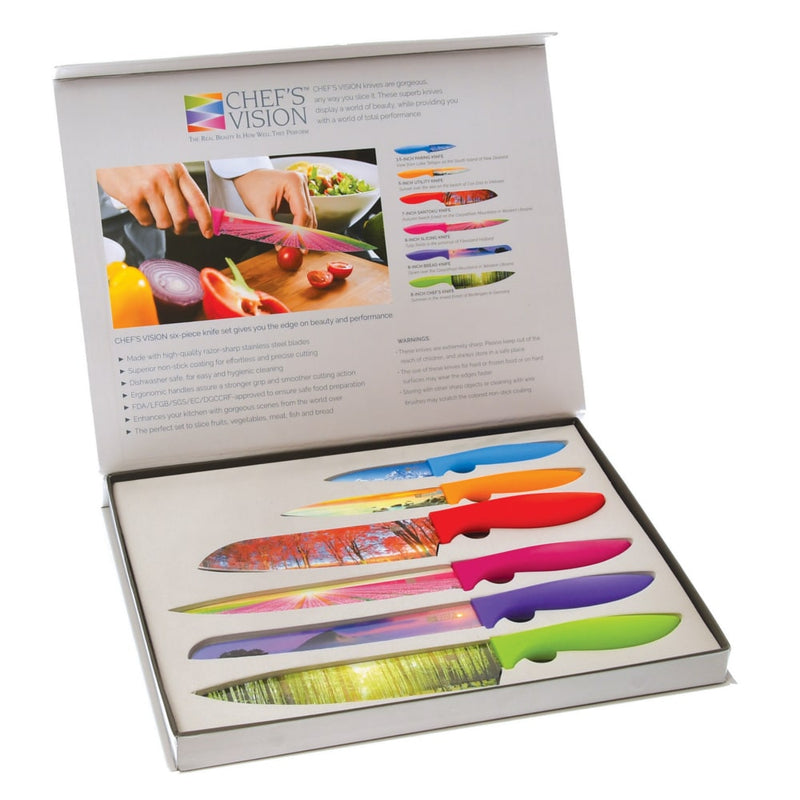 The Chef's Vision Landscape Six-Piece Knife Set showcases scenic blade designs and ergonomic handles in a boxed display with an open lid, revealing product details and usage instructions.
