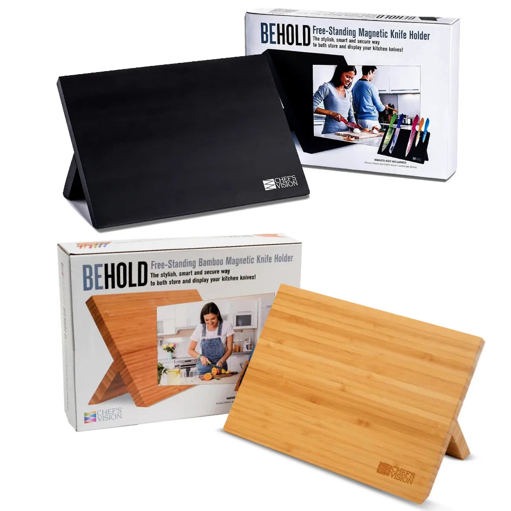 Two Chef’s Vision BEHOLD Magnetic Kitchen Knife Blocks—one black, one bamboo—are displayed with their boxes, offering a stylish and practical solution for organizing your kitchen knives.