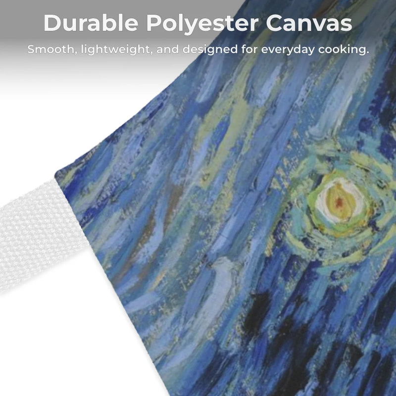 Close-up of the Chef's Vision Masterpiece Apron featuring a blue and yellow abstract design, white strap, and durable polyester—perfect for everyday cooking. Ideal for art lovers seeking unique kitchen style.