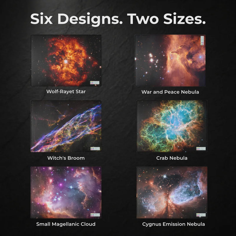 Chef's Vision SliceBright Cosmos Glass Cutting Board showcases six cosmic designs—Wolf-Rayet Star, War and Peace Nebula, Witch’s Broom, Crab Nebula, Small Magellanic Cloud, and Cygnus Emission Nebula—for a stunning kitchen accent.