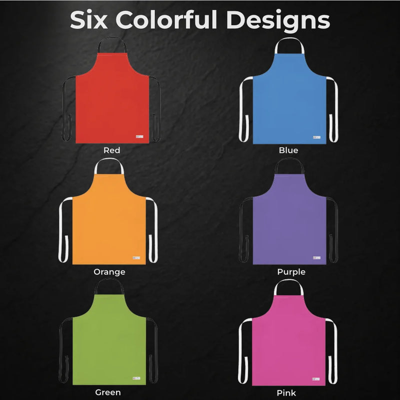 Chef's Vision Color Apron set features six vibrant aprons—red, blue, orange, purple, green, and pink—displayed on a black background with "Six Colorful Designs" above. A perfect gift to brighten any kitchen apron collection.