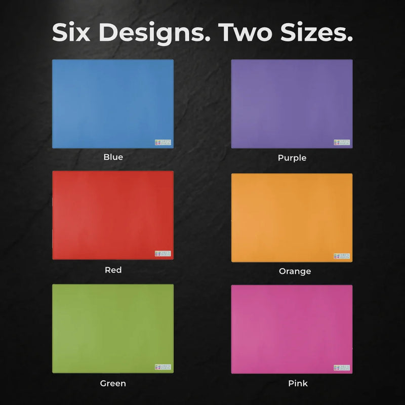 Chef’s Vision SliceBright Color Glass Cutting Boards in blue, purple, red, orange, green, and pink are shown on a black background with the text "Six Designs. Two Sizes."—a vibrant addition to any kitchen counter.