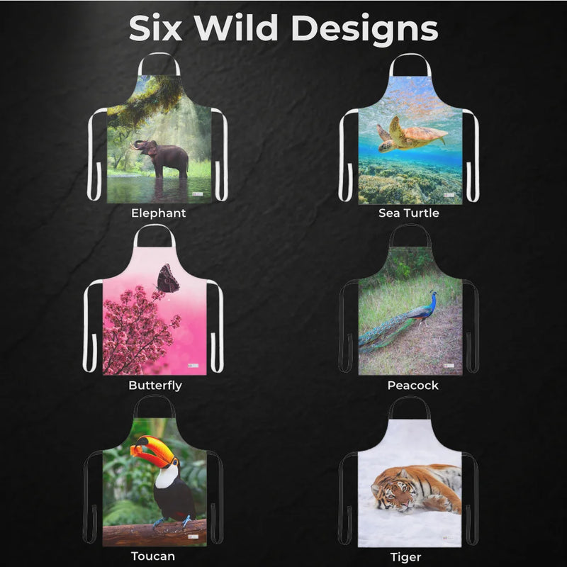 Chef's Vision Wildlife Apron set includes six durable polyester canvas aprons with elephant, sea turtle, butterfly, peacock, toucan, and tiger art arranged in two rows on a black background.