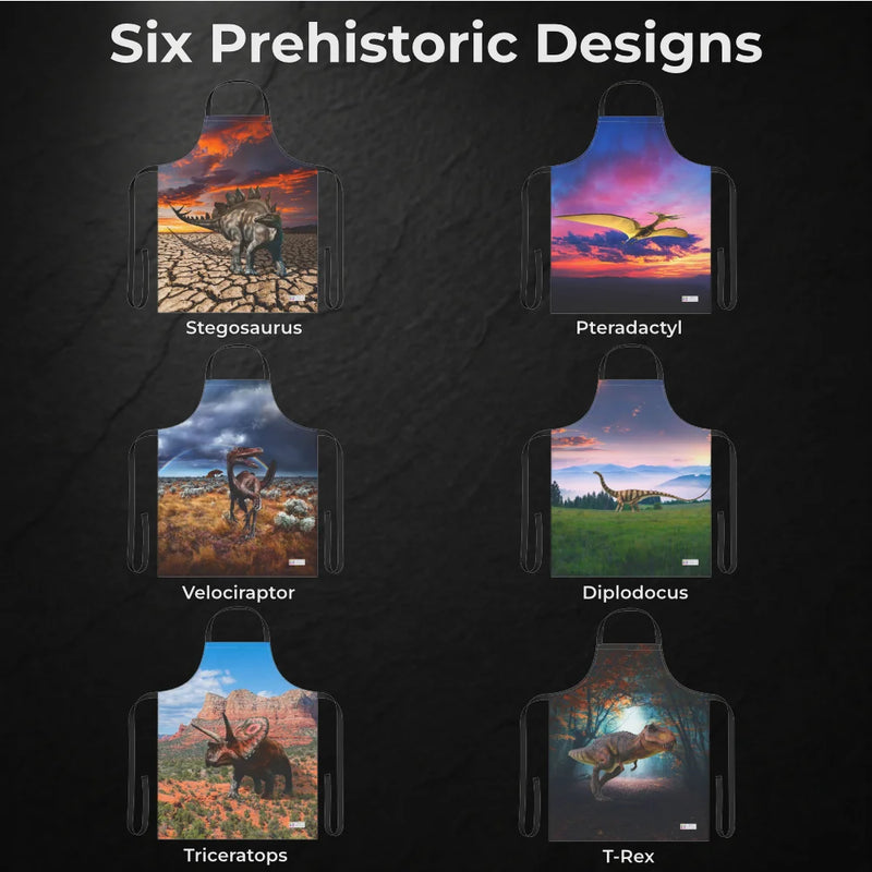 The Chef’s Vision Jurassic Apron set includes six aprons with prehistoric designs—Stegosaurus, Pterodactyl, Velociraptor, Diplodocus, Triceratops, and T-Rex on a dark background—perfect for any dinosaur enthusiast.