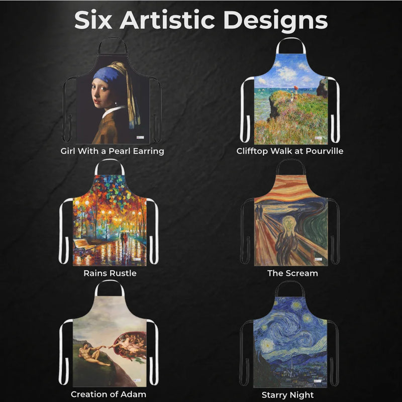 Chef's Vision Masterpiece Apron features six durable polyester aprons adorned with iconic prints like Girl With a Pearl Earring, The Scream, and Creation of Adam. Each has an adjustable tie-back for comfort and style in the kitchen.