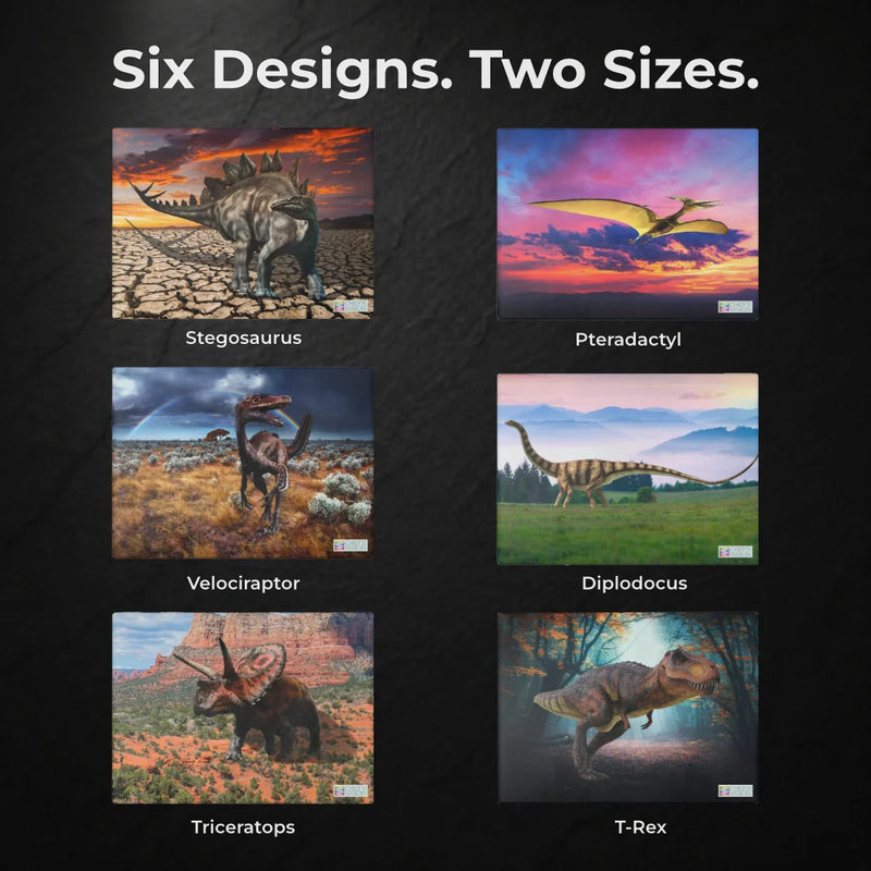 Six dinosaur artworks—Stegosaurus, Pterodactyl, Velociraptor, Diplodocus, Triceratops, and T-Rex—are shown in two rows under "Six Designs. Two Sizes." The Chef's Vision SliceBright Jurassic Glass Cutting Board is ideal for your kitchen counter.