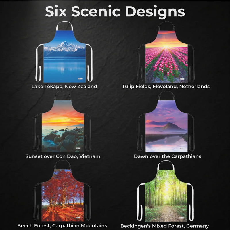 Chef’s Vision Landscape Apron set includes six durable polyester canvas aprons, each featuring stunning scenes—Lake Tekapo, tulip fields, Con Dao sunset, Carpathian dawn, beech forest, and mixed forests—inspired by landscapes worldwide.