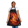 A woman wearing a Chef's Vision Cosmos Apron adorned with a captivating image of a nebula, bringing the mystical beauty of the cosmos into her kitchen.