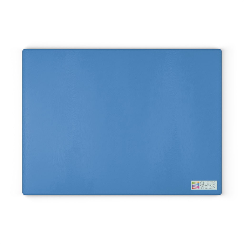 A blue SliceBright Color Glass Cutting Board by Chef's Vision for precision cutting on a white background.