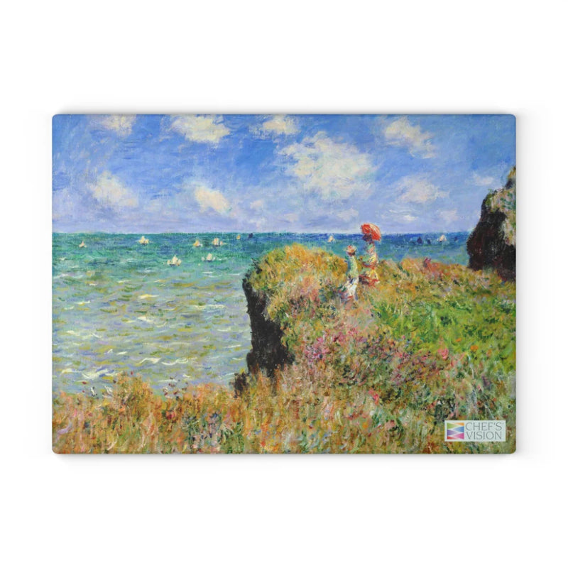 Impressionist scene of two people on a grassy cliff with sailboats and clouds, beautifully featured on Chef's Vision SliceBright Masterpiece Glass Cutting Board—functional art for a stunning kitchen display.