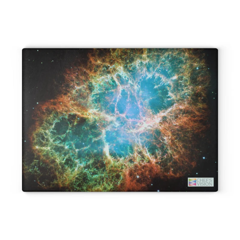 SliceBright Cosmos Glass Cutting Board by Chef’s Vision features a vibrant nebula with a glowing blue center and starry accents—cosmic art for your kitchen counter. Chef’s Vision logo appears in the bottom right corner.