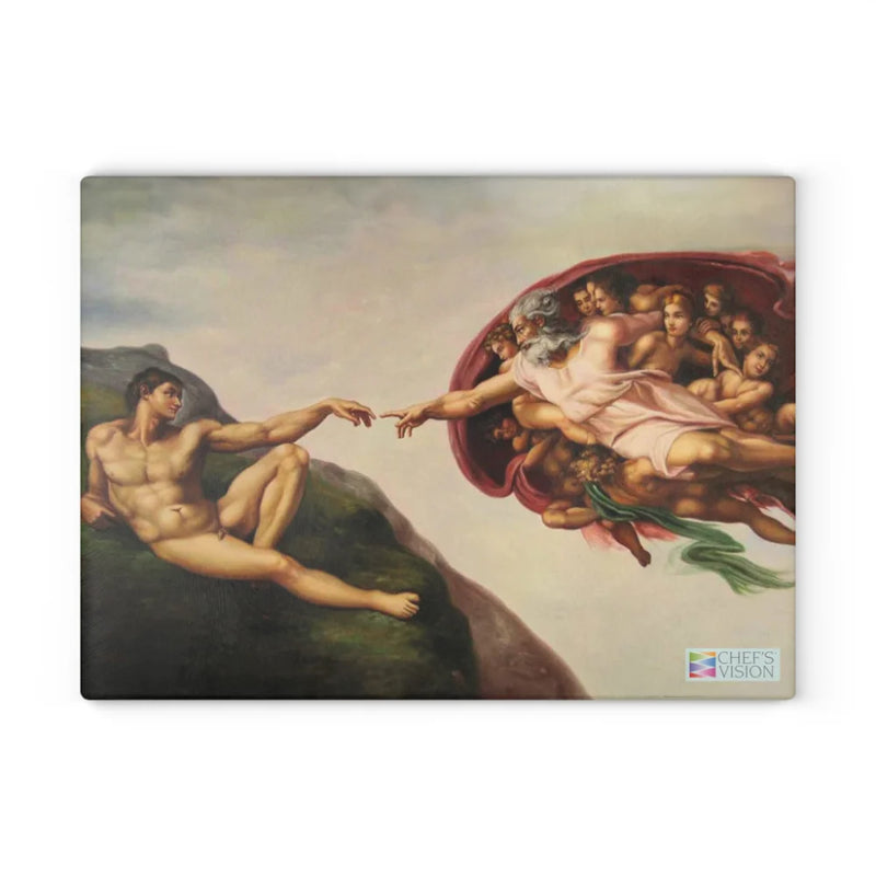 The SliceBright Masterpiece Glass Cutting Board by Chef's Vision features a printed reproduction of Michelangelo’s “The Creation of Adam,” bringing functional art and style to your kitchen.
