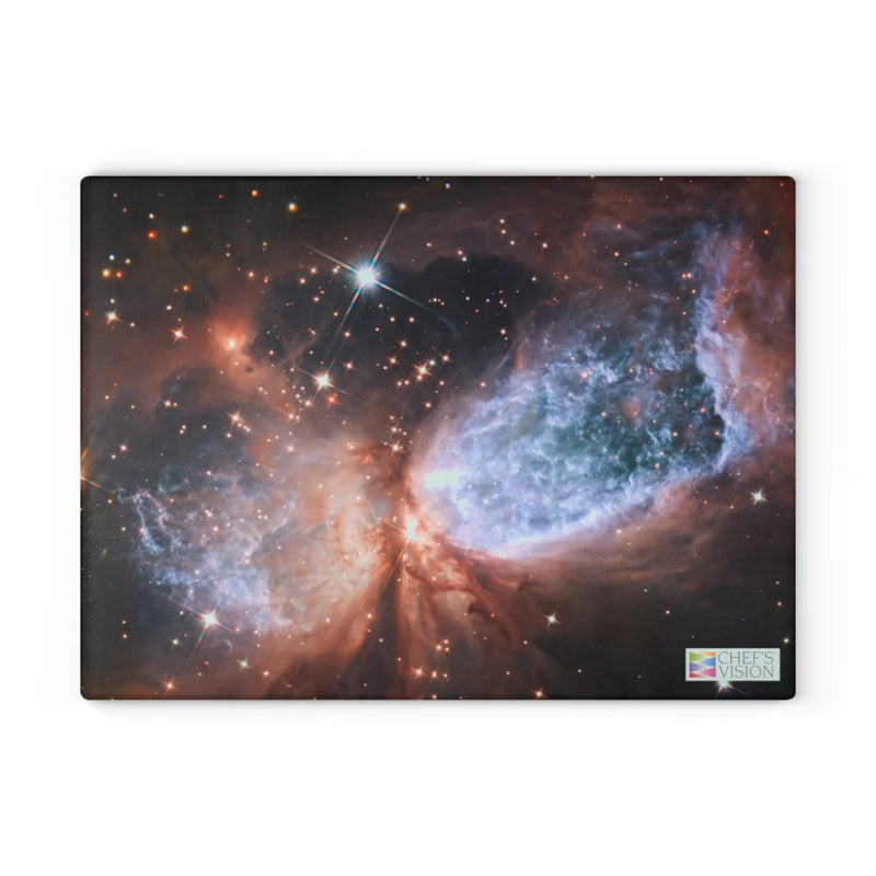 The Chef's Vision SliceBright Cosmos Glass Cutting Board showcases vivid stars, nebulae, and colorful cosmic art—bringing a celestial accent to your kitchen counter.
