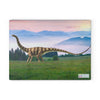 A Chef's Vision SliceBright Jurassic Glass Cutting Board walking in a field with mountains in the background.