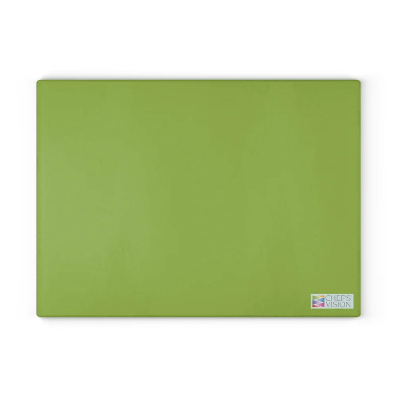 The SliceBright Color Glass Cutting Board by Chef's Vision is a green, rectangular board with the logo in the bottom right, textured surfaces, and shown on a white background—ideal for any kitchen counter.